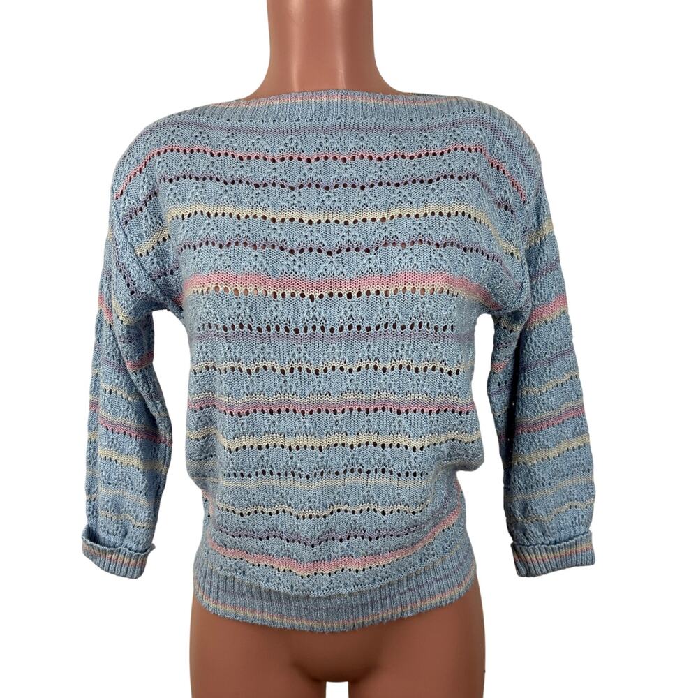 Vintage 80s Striped Sweater Pastel Blue Pink Yellow Boatneck Kenneth Too! USA